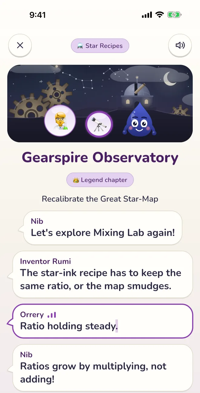 Story intro in Gearspire Observatory: Inventor Rumi explains that the star-ink recipe must keep the same ratio.